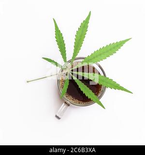 Marihuana infundiert Kaffee in einer Glas-Tasse mit Cannabisblatt auf weißem Hintergrund. Stockfoto