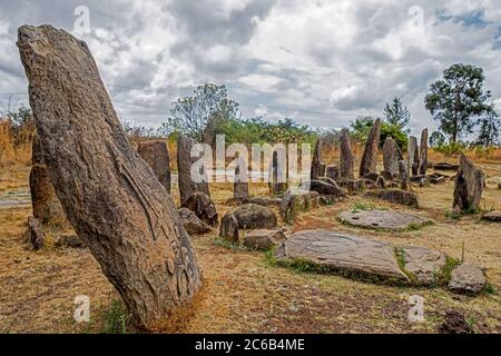 Megalithstelen in Tiya, archäologische Stätte in Gurage Zone der südlichen Nationen, Nationalitäten und Völker Region, Addis Abeba, Äthiopien, Afrika Stockfoto