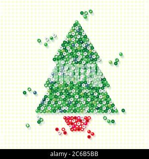 Ein Weihnachtsbaum in einem roten Topf, aus einer Vielzahl von kleinen glänzenden Perlen auf texturiertem Hintergrund erstellt. EPS10 Vektorformat mit einfachen radialen GRA Stock Vektor