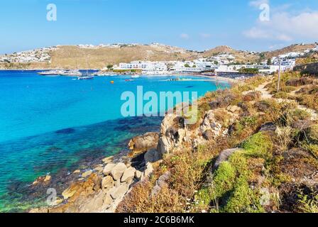 Strand Platis Gialos, Mykonos, Kykladen, Griechische Inseln, Griechenland, Europa Stockfoto