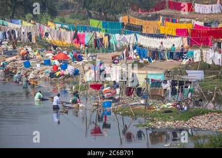 Wäschestaukerei am Ufer des Gomti River, Lucknow, Uttar Pradesh, Indien, Asien Stockfoto