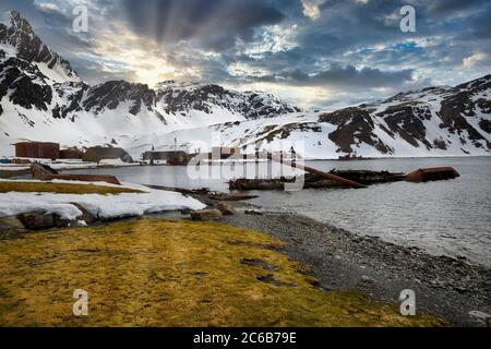 Ehemalige Grytviken Walfangstation, King Edward Cove, Südgeorgien, Südgeorgien und die Sandwichinseln, Antarktis, Polarregionen Stockfoto