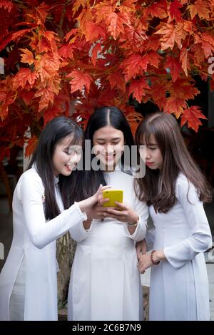 Drei vietnamesische Freundinnen tragen traditionelle Ao Dai Kleider und teilen sich ein Handy, Hue, Vietnam, Indochina, Südostasien, Asien Stockfoto