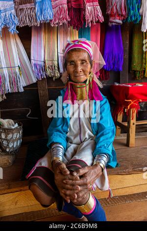 Porträt einer Padaung Frau (Giraffe Frau) (Langhalsfrau), Loikaw Gebiet, Panpet, Kayah Staat, Myanmar (Burma), Asien Stockfoto