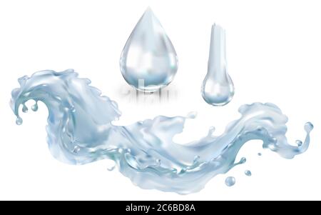 Transparente Wasserwellen-Spritzer-Illustration isoliert auf weißem Hintergrund. Reines Wasser Flüssigkeit Clip Art für Collagen. Frische. Stockfoto