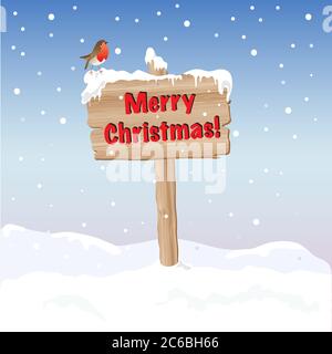 Ein Holzschild wünscht frohe Weihnachten. EPS10-Vektorformat. Vollständig bearbeitbar für das Einfügen von eigenem Text. Stock Vektor