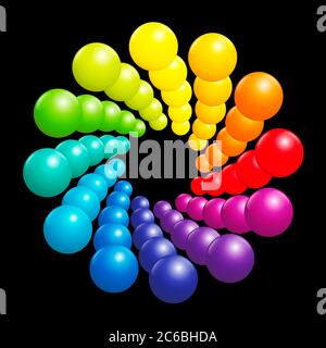 Bunte Spiralmuster, sehr glänzendes Regenbogenspektrum, gebildet von vielen dreidimensionalen farbigen Kugeln - Illustration auf schwarzem Hintergrund. Stockfoto