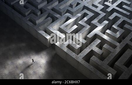 Der Mann betritt ein riesiges mysteriöses Labyrinth. 3D-Rendering Stockfoto