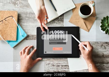 Zugriffsfenster. Geben Sie Login und Passwort ein. Cyberschutz. Datenschutz. Internet und Technologie Konzept Stockfoto