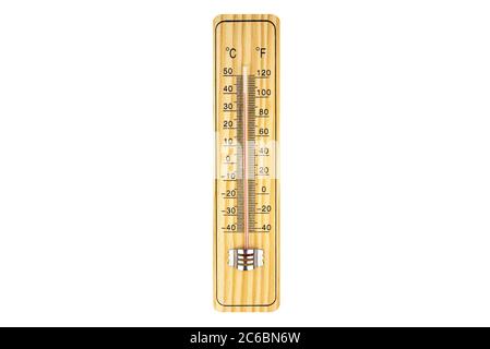 Klassisches Holzthermometer mit einer Temperatur von 40 Grad Celsius, 104 Grad Fahrenheit, isoliert auf weißem Hintergrund mit einem Schnittpfad. Stockfoto