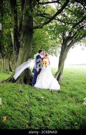 Braut und Bräutigam in Kent Landschaft. Paar, dreißiger, küssen, während die Braut einen Blumenstrauß von Sonnenblumen hält und ihr Schleier im Wind weht. Bräutigam im blauen Anzug. Stockfoto