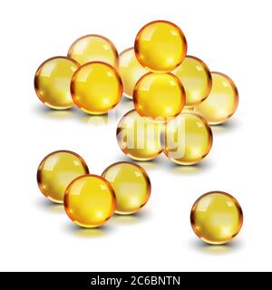 Ölgold Glaskugel isoliert auf weißem Hintergrund. Kosmetische Pille Kapsel von Vitamin E, A, Arganöl, Mandel, Kabeljau Leber, Omega-3, Fisch. Stockfoto