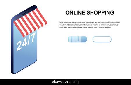 Isometrische Illustration von Online-Shopping isoliert auf weißem Hintergrund. Convenience-Shop, Konzept für Landing Page. Stock Vektor