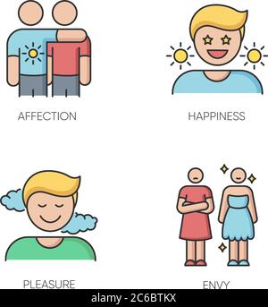 Positive und negative Emotionen RGB-Farbsymbole gesetzt. Menschliche Gefühle, emotionales Verhalten, Stimmung. Zuneigung, Glück, Freude und Neid. Isolierter vecto Stock Vektor