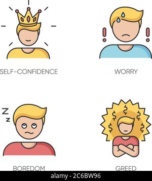 Negative Gefühle und schlechte Eigenschaften RGB-Farbsymbole gesetzt. Menschliche Emotionen, persönliche Gefühle. Selbstvertrauen, Sorgen, Langeweile und Gier. Isolierter Vektor il Stock Vektor