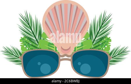 Tropische Blätter Palmen Sommer mit Schale und Sonnenbrille Vektor Illustration Design Stock Vektor