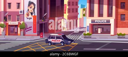 Stadtstraße mit Polizeistation und Häusern. Vektor-Cartoon Stadtbild mit Polizei und Auto mit Blinker auf der Straße mit Fußgängerüberweg und Ampeln Stock Vektor