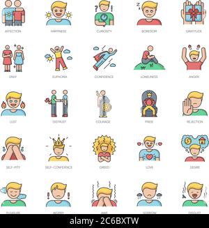 RGB-Farbsymbole für menschliche Gefühle eingestellt. Positive und negative Emotionen, Stimmungsausdruck. Verschiedene psychologische Reaktionen, Geisteszustände. Isolierter vecto Stock Vektor