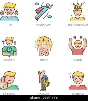 RGB-Farbsymbole für menschliche Emotionen eingestellt. Verschiedene psychologische Zustände und negative Emotionen. Emotionales Verhalten, persönliche Qualitäten. Isolierter Vektor Abb. Stock Vektor