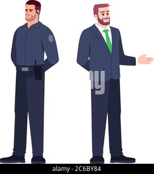 Bankmitarbeiter semi-Flat RGB-Farbvektor-Illustrationsset. Geschäftsmann im Anzug. Polizist. Finanzberater und Sicherheitsdienst isoliert Karikatur Stock Vektor