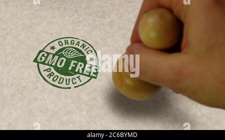 GVO frei Bio-Produkt Stempel und Stempelhand. Ökologie, natürliche Lebensweise und gesunde Ernährung Konzept. Stockfoto