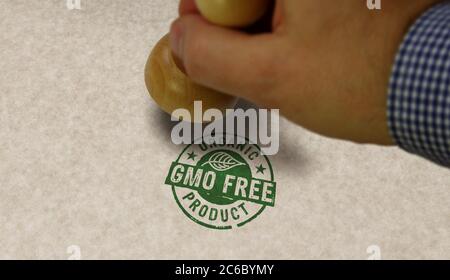 GVO frei Bio-Produkt Stempel und Stempelhand. Ökologie, natürliche Lebensweise und gesunde Ernährung Konzept. Stockfoto