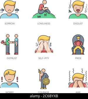 RGB-Farbsymbole für negative Gefühle eingestellt. Schlechte Emotionen, psychologische Zustände. Menschliches Verhalten, Reaktionen und emotionale Ausdrücke. Isolierter Vektor-Illus Stock Vektor