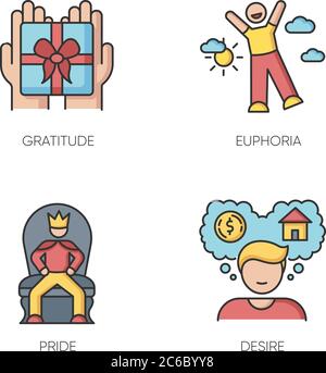 Emotionen und Persönlichkeitsmerkmale RGB-Farbsymbole gesetzt. Menschliche Gefühle, gute und schlechte Qualitäten. Dankbarkeit, Euphorie, Stolz und Verlangen. Isolierter Vektor il Stock Vektor