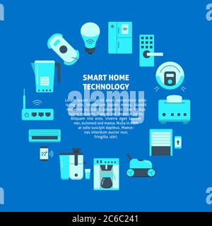 Smart Home rund Konzept Banner in flacher Form. Poster mit automatisierten Dingen Symbole und Ort für Text. Vektorgrafik. Stock Vektor