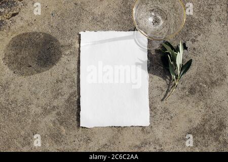 Sommerhochzeit, Geburtstagsbriefpapier. Leeres Modell für Grußkarten. Olivenzweig und Glas Cocktail, Wein im Sonnenlicht auf Betongrund. Flach liegend Stockfoto