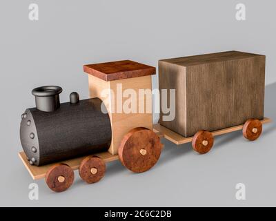3d-Illustration eines Spielzeugzuges für Kinder mit einem Waggon mit einem Frachtcontainer Stockfoto