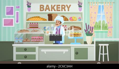 Bäckerei Shop Cartoon flache Vektor Illustration. Konditorei Interieur, Theke und Vitrine, Kuchen und Cupcakes, Brot und Süßwaren Sortiment Skizze. Backverkäufer, männlicher Bäcker Charakter Stock Vektor