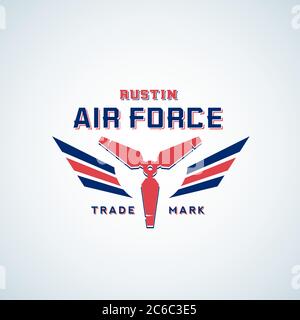 Air Force Vector Retro-Label, -Zeichen oder -Logo-Vorlage. Flugzeug-Luftschraube mit Flügeln in Rot und Blau Farben. Stock Vektor