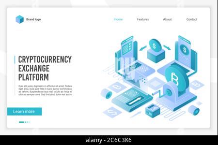 Kryptowährung Marktplatz für den Austausch von Bitcoin und anderen digitalen Kryptowährungen. Vorlage für die Landing Page-Vektorvorlage für Kryptowährungsbörsen. Isometrische Vektordarstellung Stock Vektor