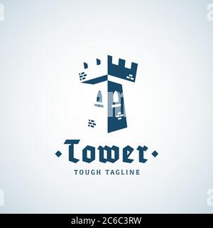 Turm als Buchstabe T. Abstraktes Vektorzeichen, Emblem oder Logo-Vorlage. Konzept für die Errichtung von Negativräumen mit Retro-Typografie. Stock Vektor