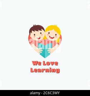 Wir lieben es, abstrakte Vektorzeichen, Emblem oder Logo-Vorlage zu lernen. Junge und Mädchen Lesebuch Illustration mit Texturen. Symbol Für Herzform. Lernen oder Stock Vektor