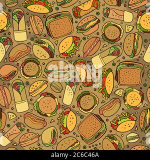 Cartoon niedlich Hand gezeichnet Fast Food nahtlose Muster. Stock Vektor