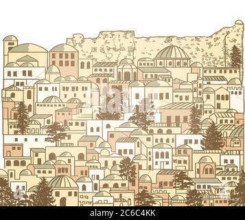 Alte Stadt im Nahen Osten, Orte, Straßen, Häuser, Kuppeln und Türme. Typisch islamische Stadt. Von Hand gezeichnet. Textur und Hintergrund Stockfoto