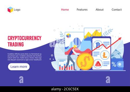 Trading Platform isometrische Landing Page-Vorlage. Online-Finanzmarktanalysen. Kryptowährungshandel. Kryptowährung Händler Cartoon-Charakter. Layout der Webseite für Broker Services. Stock Vektor