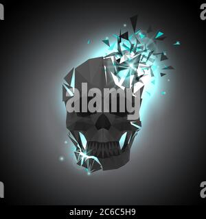 Schwarze Polygonal Schädel Illustration mit Explosion auf dunklem Hintergrund. Abstrakte Vektor Art. Licht Blast und fliegende Dreieck Teilchen Stock Vektor