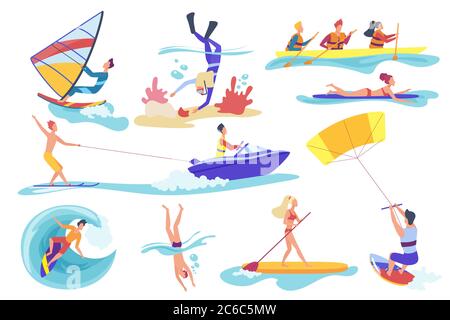 Flat Cartoon verschiedene weibliche männliche in Wassersport Aktivitäten auf weißem Hintergrund isoliert beteiligt. Glückliche Menschen schwimmen Tauchen unter Wasser, Reiten Banane, Kite-Surfen Kajak, Vektor-Illustration. Stock Vektor