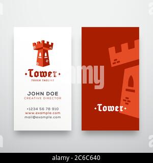 Abstrakter Vektor Tower Sign, Emblem oder Logo Vorlage und stationär. Flat Style Fortress Konzept mit Retro Typografie Visitenkarten. Stock Vektor