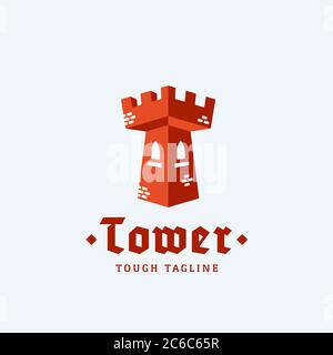 Turm als Buchstabe T. Abstraktes Vektorzeichen, Emblem oder Logo-Vorlage. Flat Style Fortress Konzept mit Retro Typografie. Stock Vektor