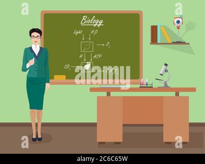 Schule Biologie Frau Lehrerin in Publikum Klasse Konzept. Schüler und Lehrer Wissenschaft und Bildung Wissen Vektor Illustration. Stock Vektor