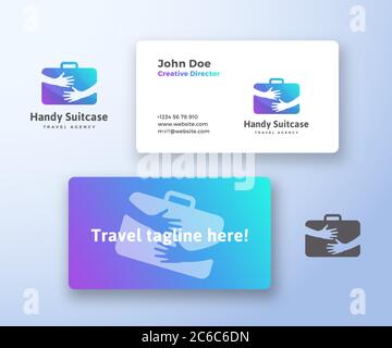 Handlicher Koffer Reisebüro Abstrakt Vektor-Zeichen, Symbol oder Logo-Vorlage und Visitenkarte. Kreatives Stationäres Layout. Reisegepäck in den Händen Stock Vektor