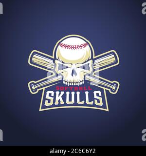 Baseball-Team Logo-Vorlage. Schild mit Totenkopf und gekreuzten Fledermäuse. Softball Head Konzept. Sport-Emblem mit Premium-Typografie. Stock Vektor