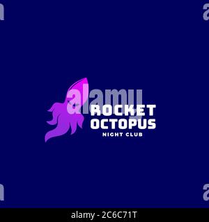 Rocket Octopus oder Squid Abstract Vektor-Zeichen, Emblem oder Logo-Vorlage. Kreatives Konzept auf dunkelblauem Hintergrund Stock Vektor