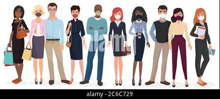 Menschen tragen Gesichtsmasken, um Krankheiten zu verhindern. Coronavirus in China, Europa und den USA. Neuartiges Coronavirus 2019-nCoV, COVID-19, SARS-CoV-2. Mann und Frau medizinische Gesichtsmaske Schutz Vektor Illustration. Stock Vektor