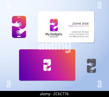 Meine Gadgets abstrakte Vektor-Zeichen, Emblem, Logo und Visitenkarte Vorlage. Smartphone in Händen Negative Space Konzept. Firmenstationär mit Soft Stock Vektor
