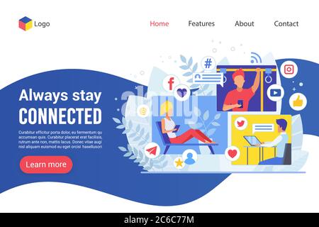 Landing Page immer verbunden bleiben kreative Website bunte Vektor Illustration Vorlage. Business Korrespondenz Wohnung Design online Web-Entwicklung. Bleiben Sie mit Technologie in Kontakt. Stock Vektor